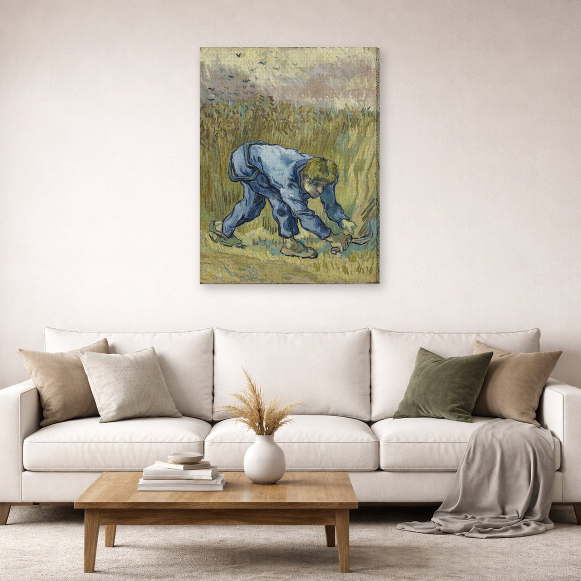 Gallery-wrapped canvas print of Vincent van Gogh's The Reaper displayed on a wall in a living room