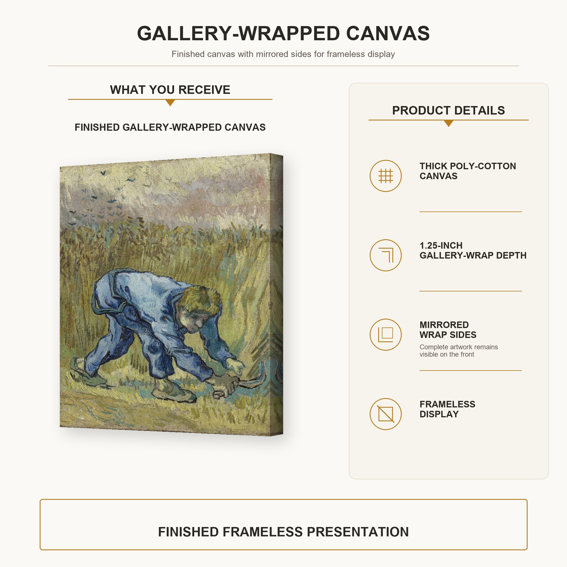 Vincent van Gogh - The Reaper gallery wrap canvas construction and hanging details infographic