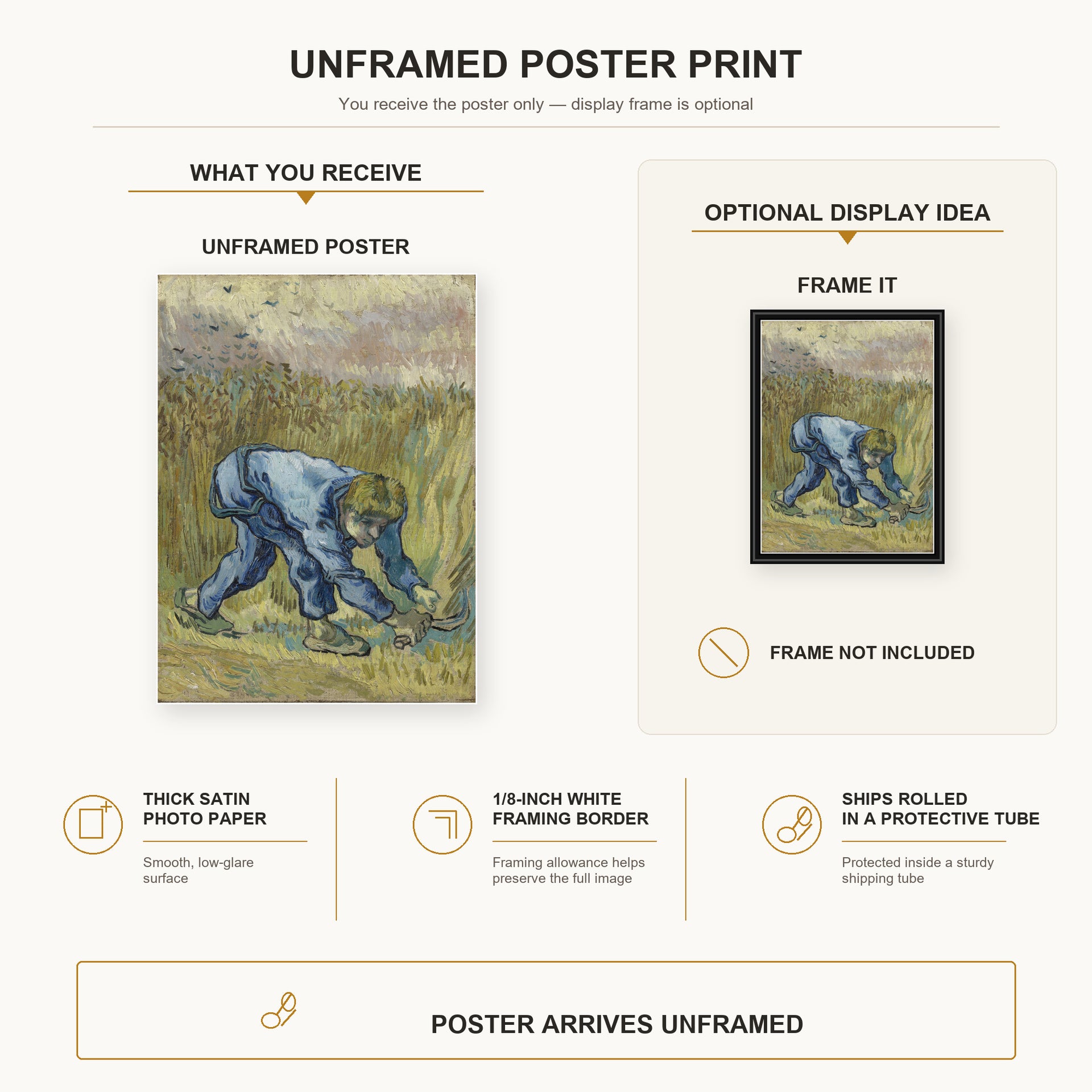 Vincent van Gogh - The Reaper poster print size comparison and framing display infographic