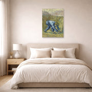 Unframed poster print of Vincent van Gogh's The Reaper displayed on a wall in a bedroom