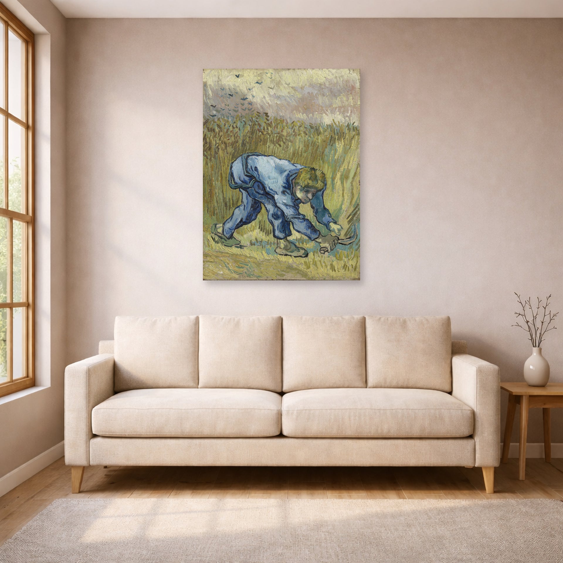 Unframed poster print of Vincent van Gogh's The Reaper displayed on a wall in a living room