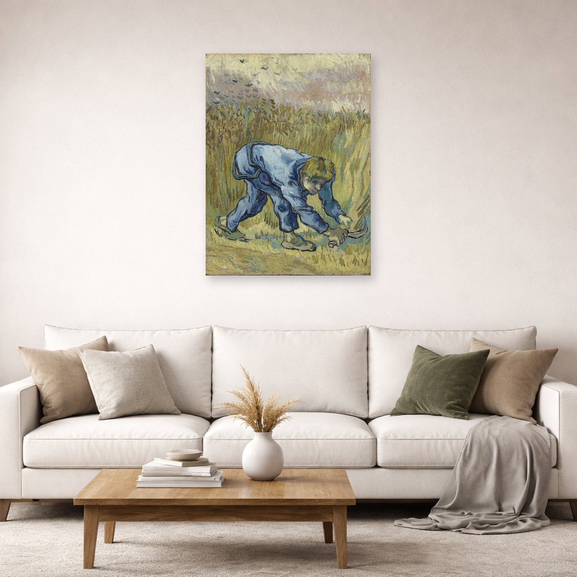Unframed poster print of Vincent van Gogh's The Reaper displayed on a wall in a living room