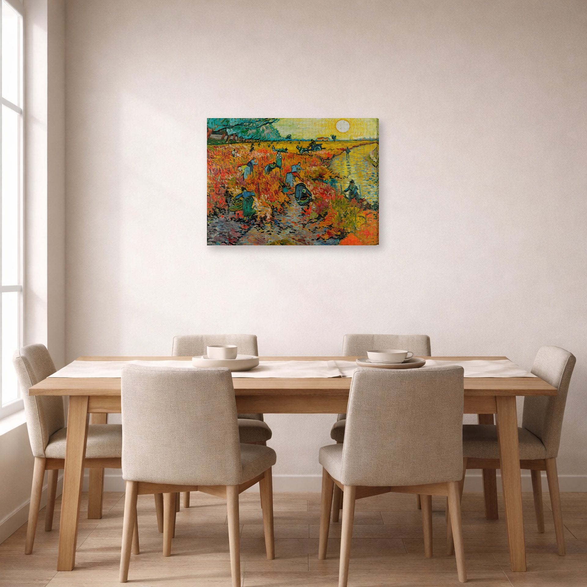 Gallery-wrapped canvas print of Vincent van Gogh's The Red Vineyards at Arles displayed on a wall in a dining room