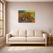 Gallery-wrapped canvas print of Vincent van Gogh's The Red Vineyards at Arles displayed on a wall in a living room