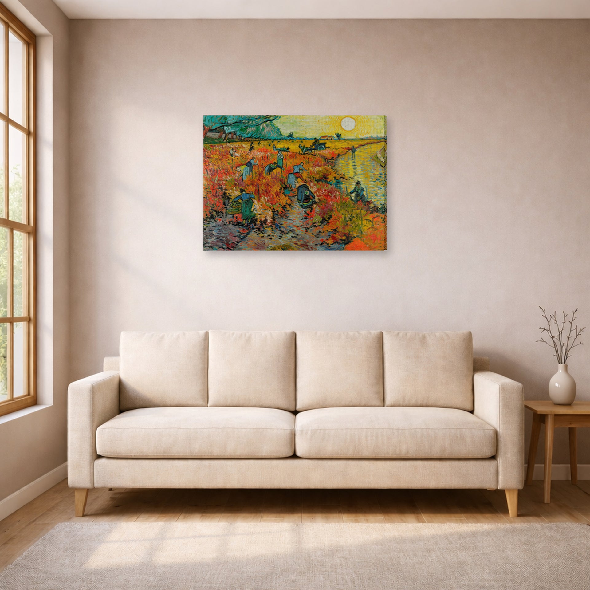 Gallery-wrapped canvas print of Vincent van Gogh's The Red Vineyards at Arles displayed on a wall in a living room