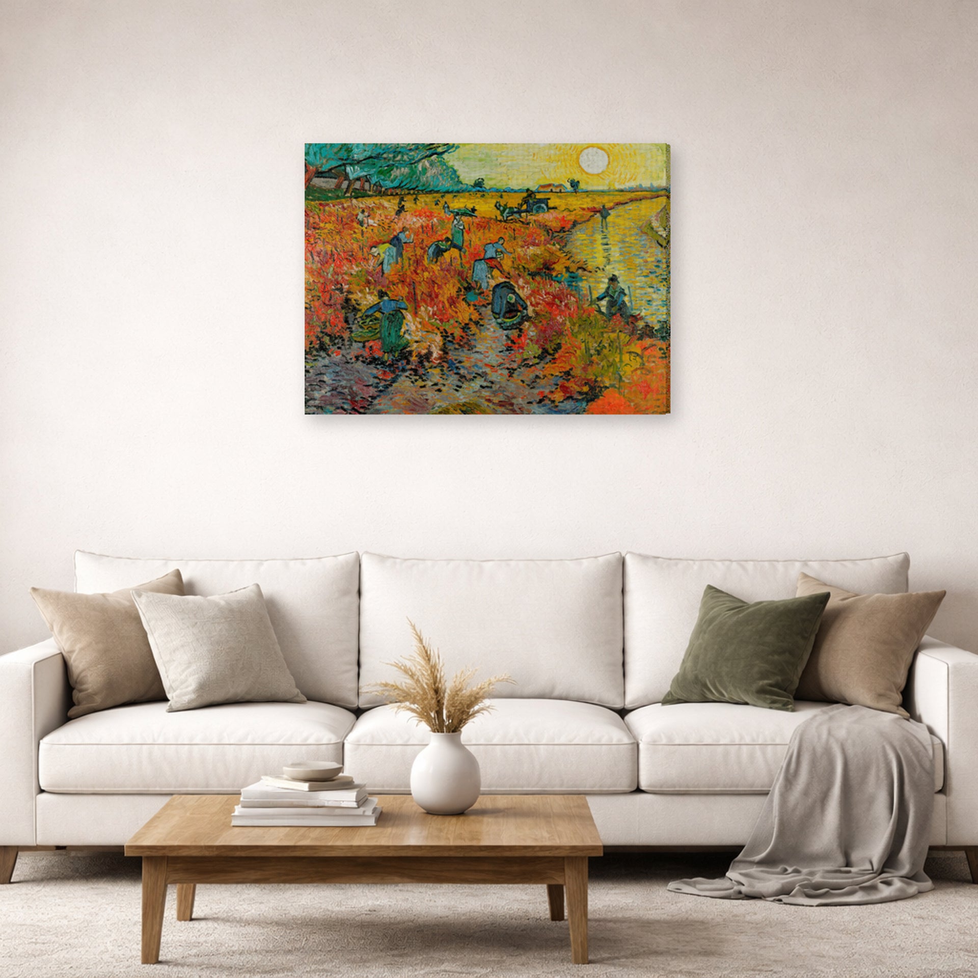 Gallery-wrapped canvas print of Vincent van Gogh's The Red Vineyards at Arles displayed on a wall in a living room