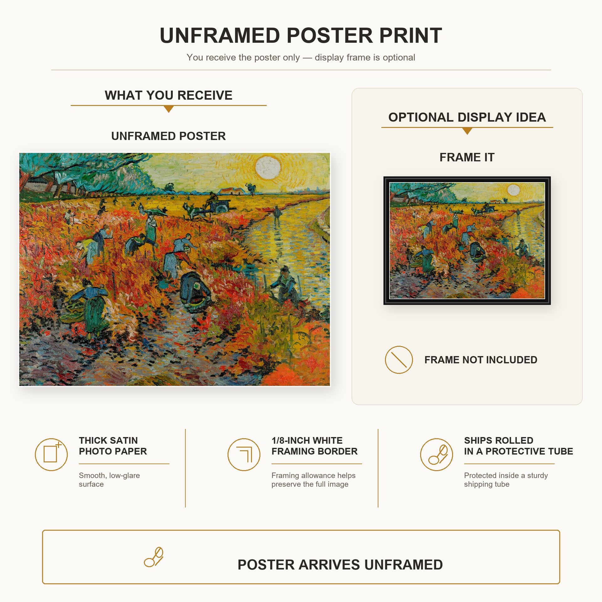 Vincent van Gogh - The Red Vineyards at Arles poster print size comparison and framing display infographic