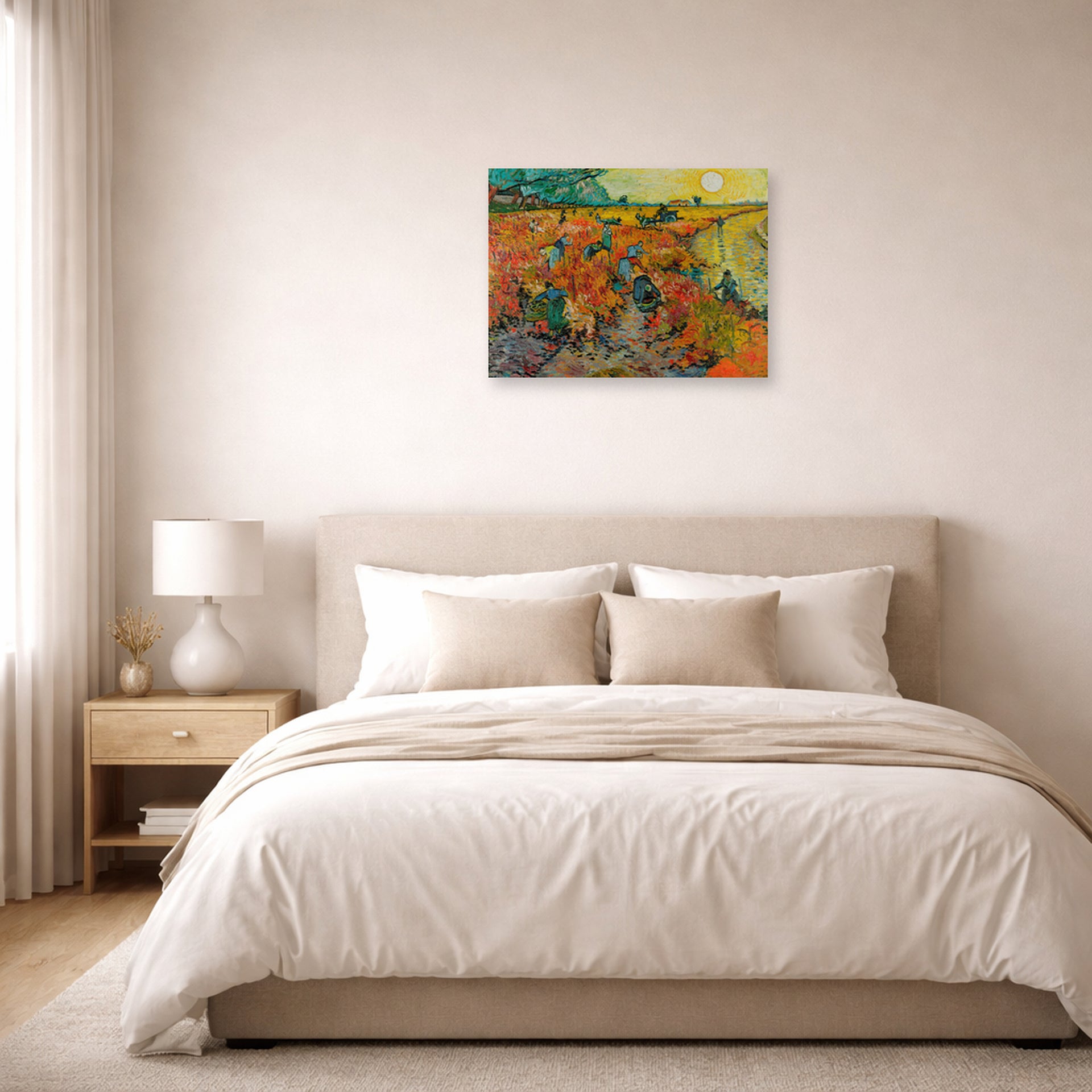 Unframed poster print of Vincent van Gogh's The Red Vineyards at Arles displayed on a wall in a bedroom