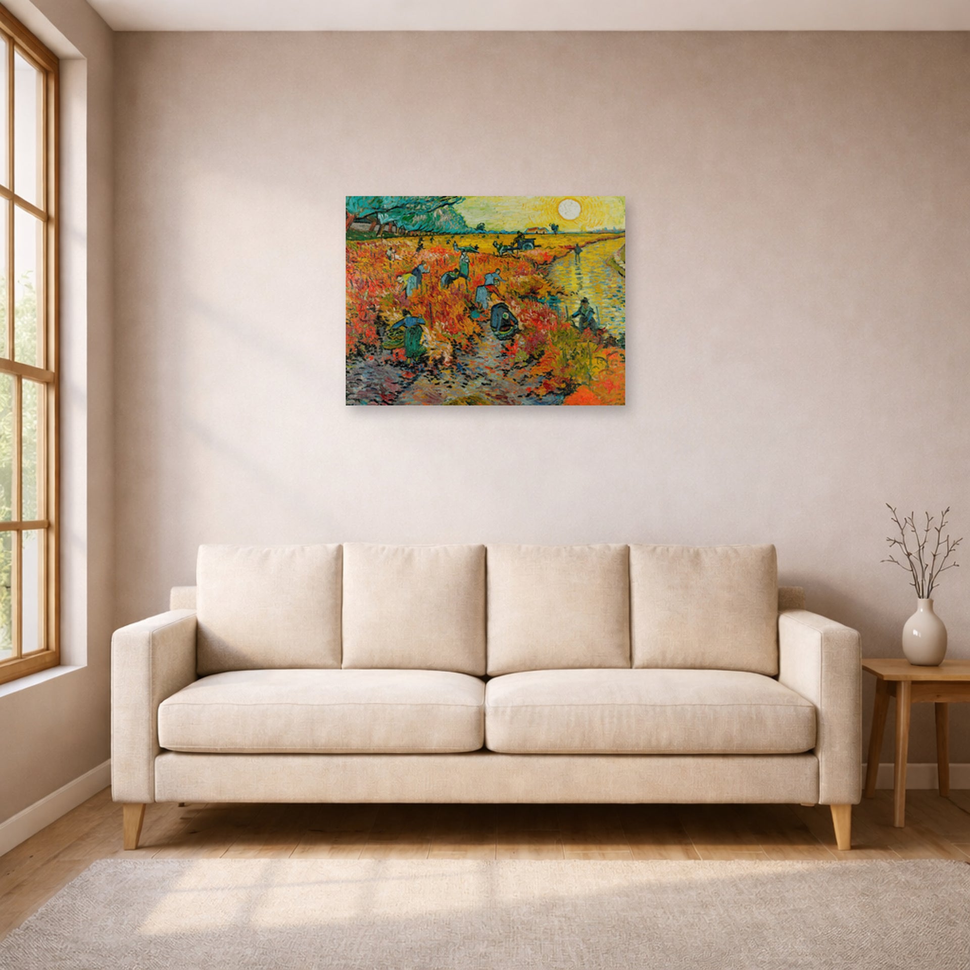Unframed poster print of Vincent van Gogh's The Red Vineyards at Arles displayed on a wall in a living room