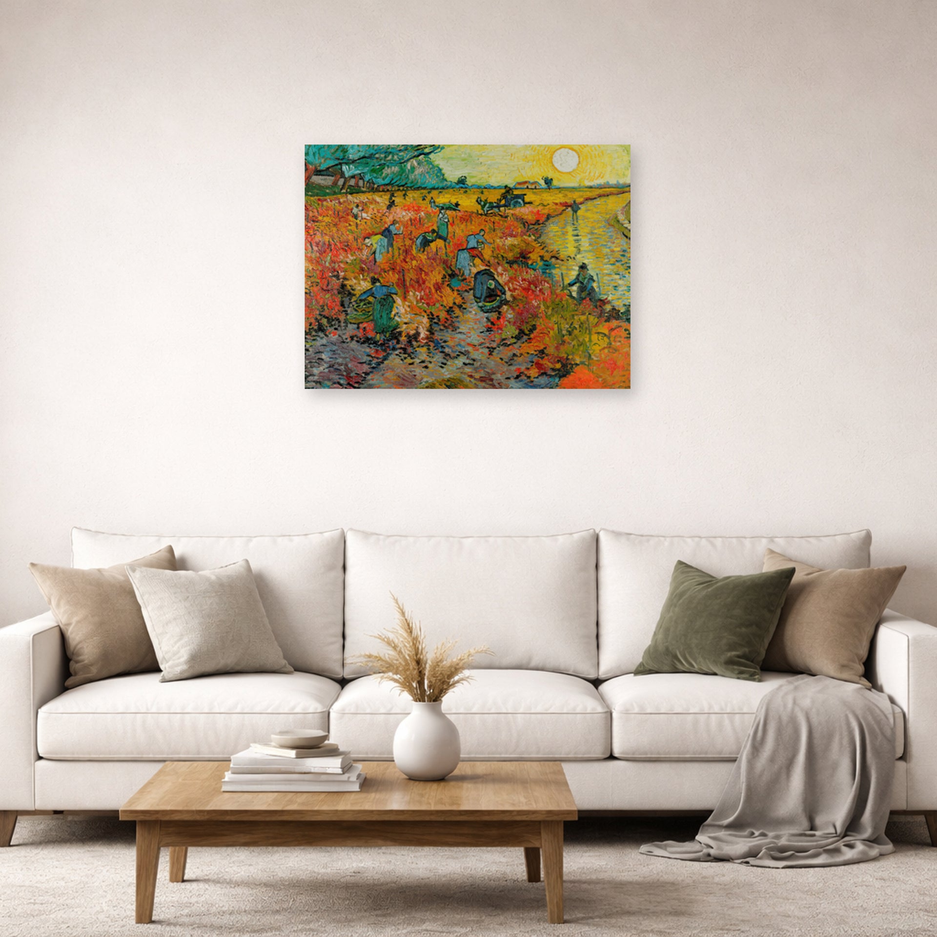 Unframed poster print of Vincent van Gogh's The Red Vineyards at Arles displayed on a wall in a living room