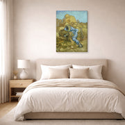 Gallery-wrapped canvas print of Vincent van Gogh's The Sheaf Binder displayed on a wall in a bedroom