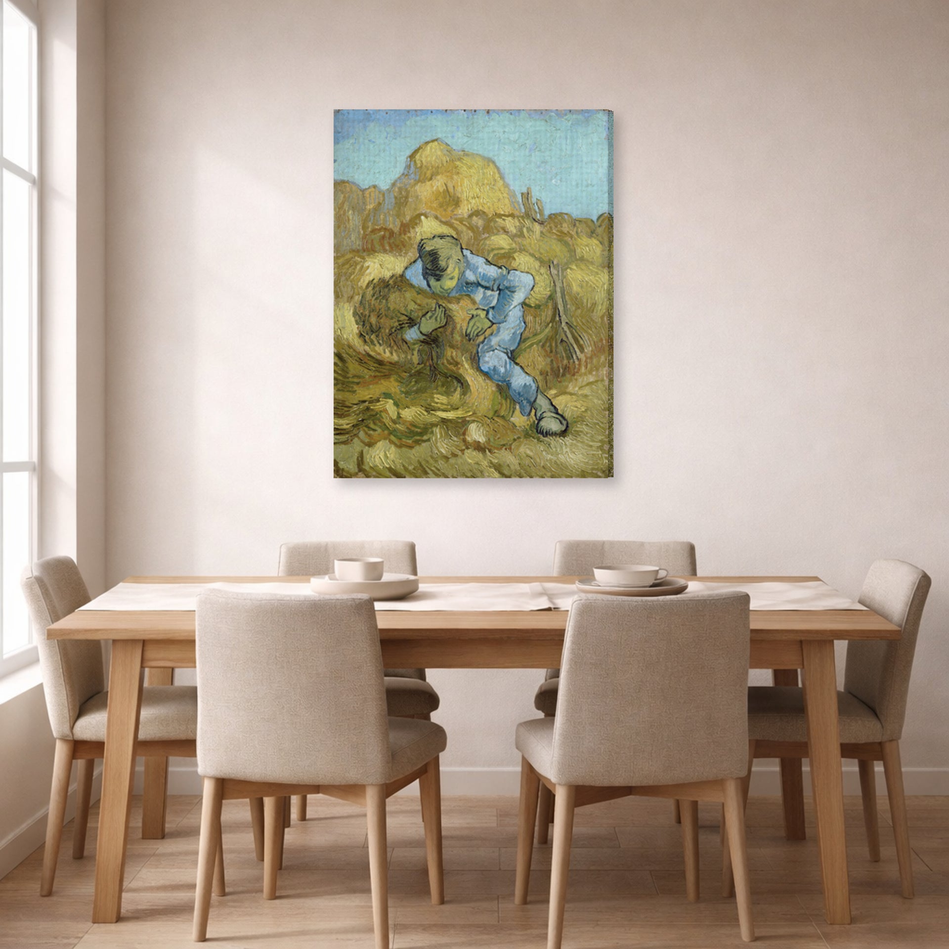 Gallery-wrapped canvas print of Vincent van Gogh's The Sheaf Binder displayed on a wall in a dining room