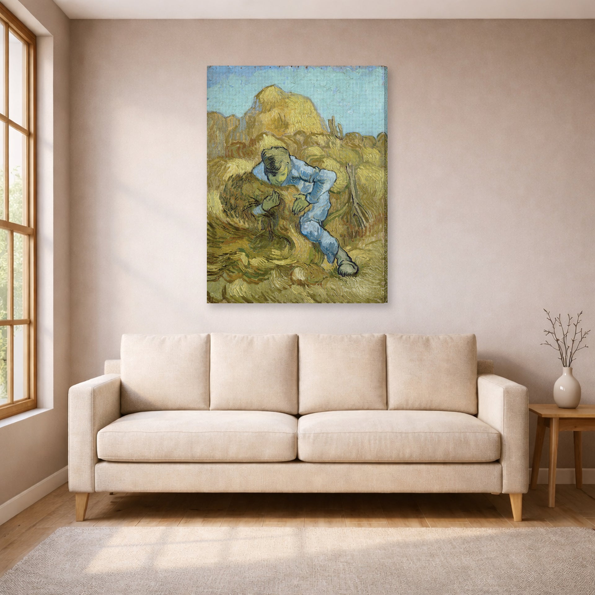 Gallery-wrapped canvas print of Vincent van Gogh's The Sheaf Binder displayed on a wall in a living room