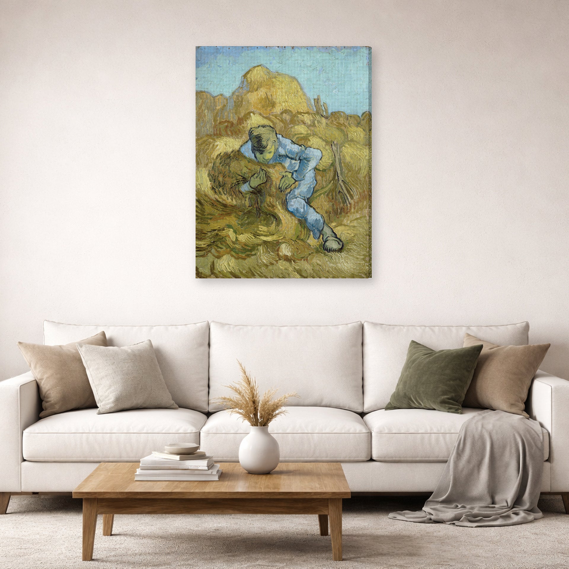Gallery-wrapped canvas print of Vincent van Gogh's The Sheaf Binder displayed on a wall in a living room