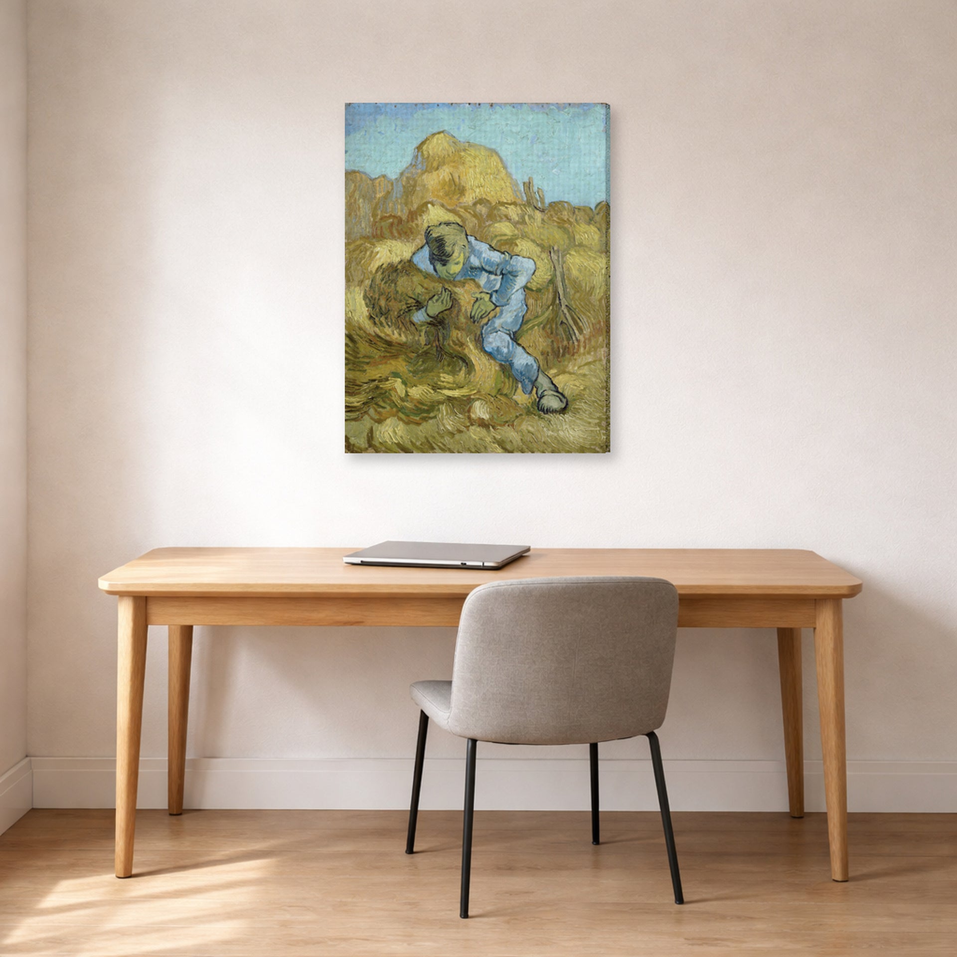 Gallery-wrapped canvas print of Vincent van Gogh's The Sheaf Binder displayed on a wall in a home office