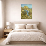 Unframed poster print of Vincent van Gogh's The Sheaf Binder displayed on a wall in a bedroom