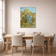 Unframed poster print of Vincent van Gogh's The Sheaf Binder displayed on a wall in a dining room