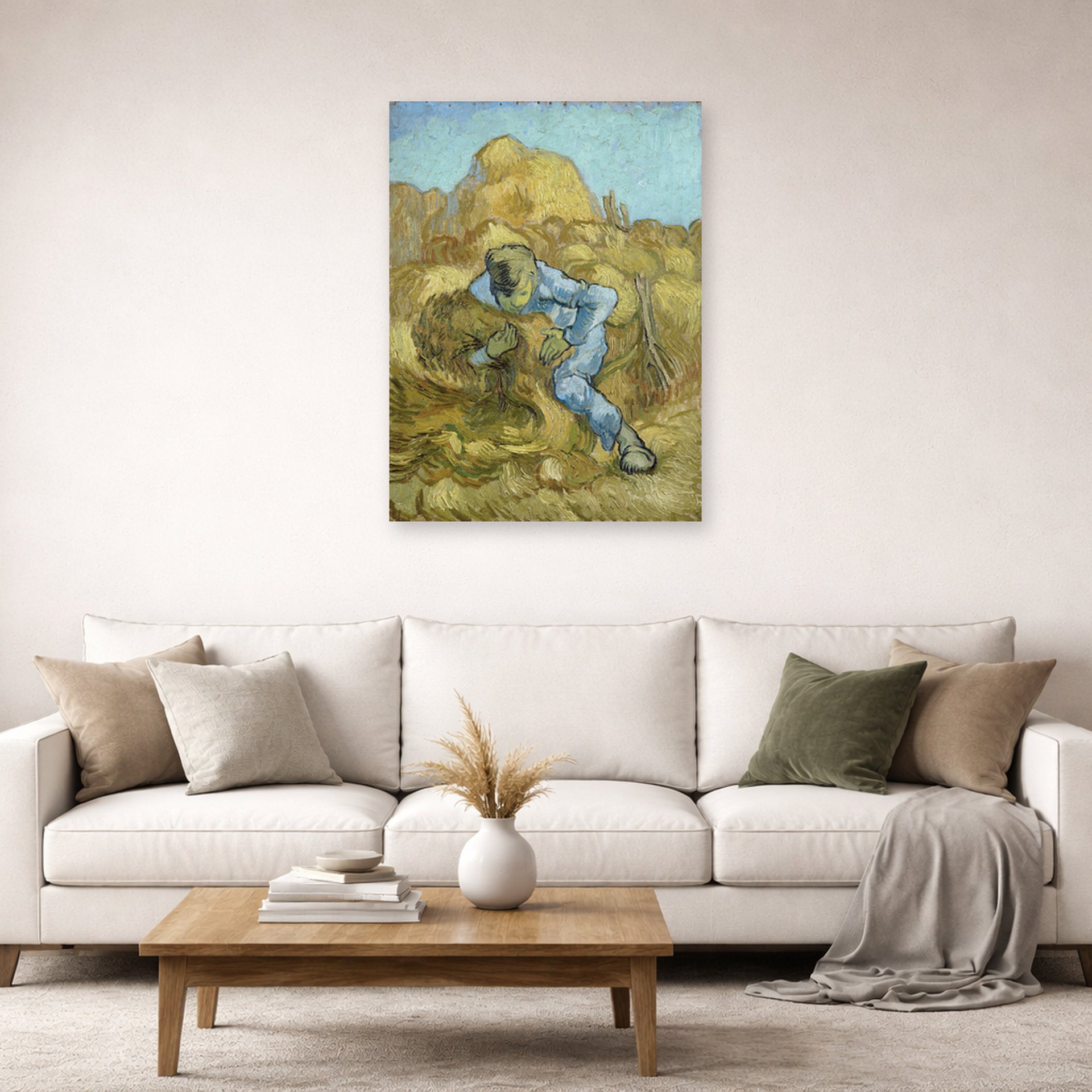 Unframed poster print of Vincent van Gogh's The Sheaf Binder displayed on a wall in a living room