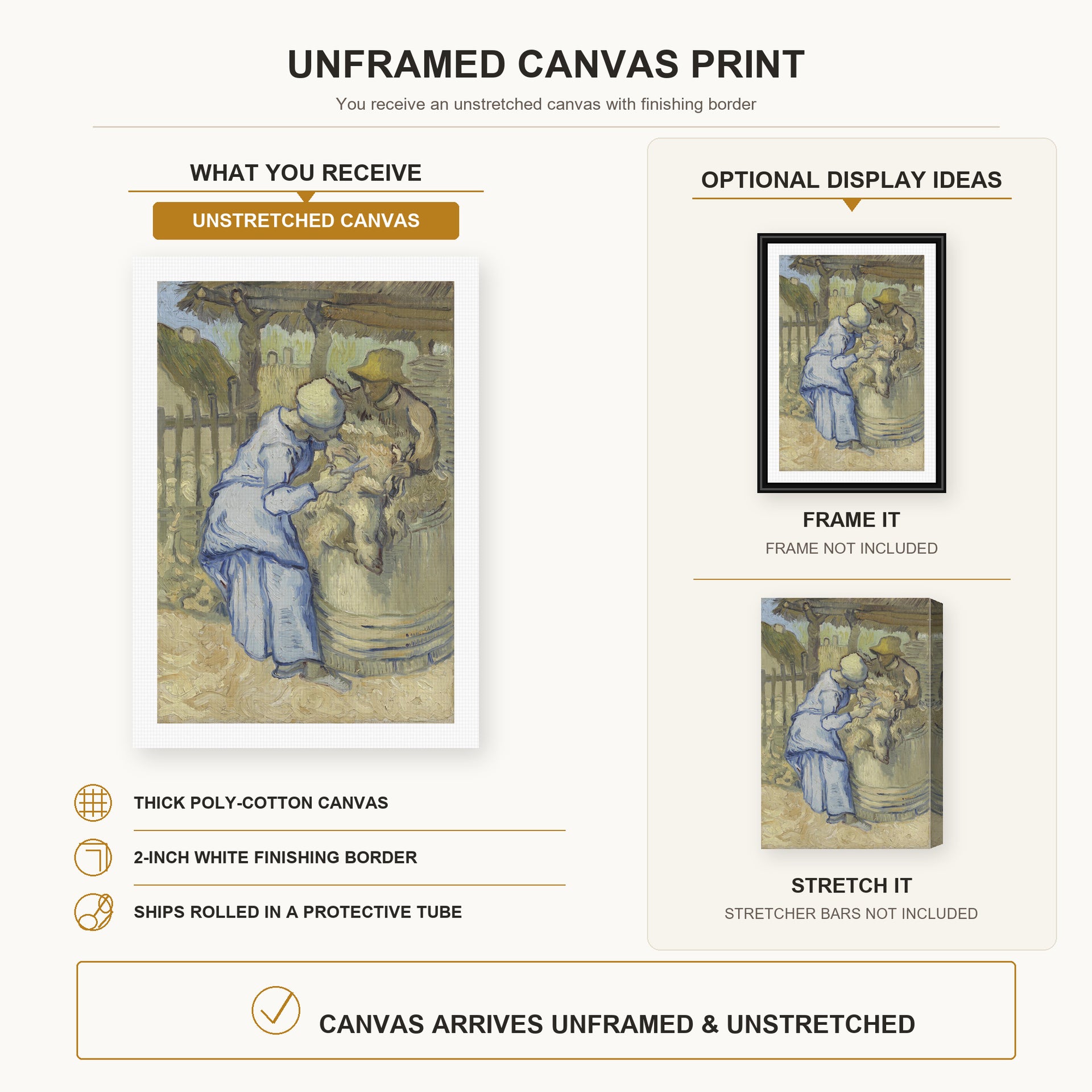 Vincent van Gogh - The Sheep Shearers canvas print size comparison and framing display infographic