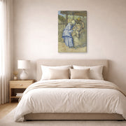 Gallery-wrapped canvas print of Vincent van Gogh's The Sheep Shearers displayed on a wall in a bedroom