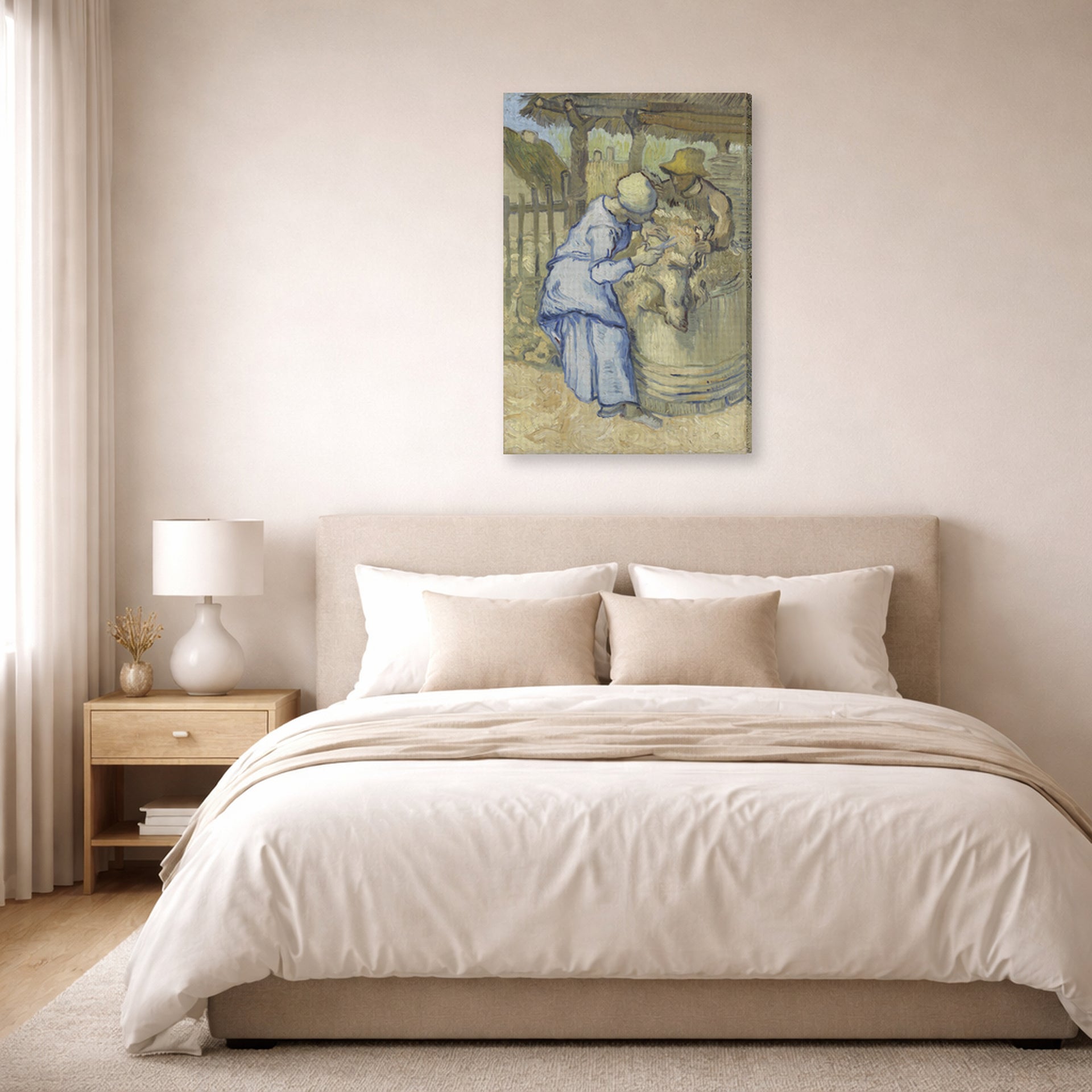 Gallery-wrapped canvas print of Vincent van Gogh's The Sheep Shearers displayed on a wall in a bedroom