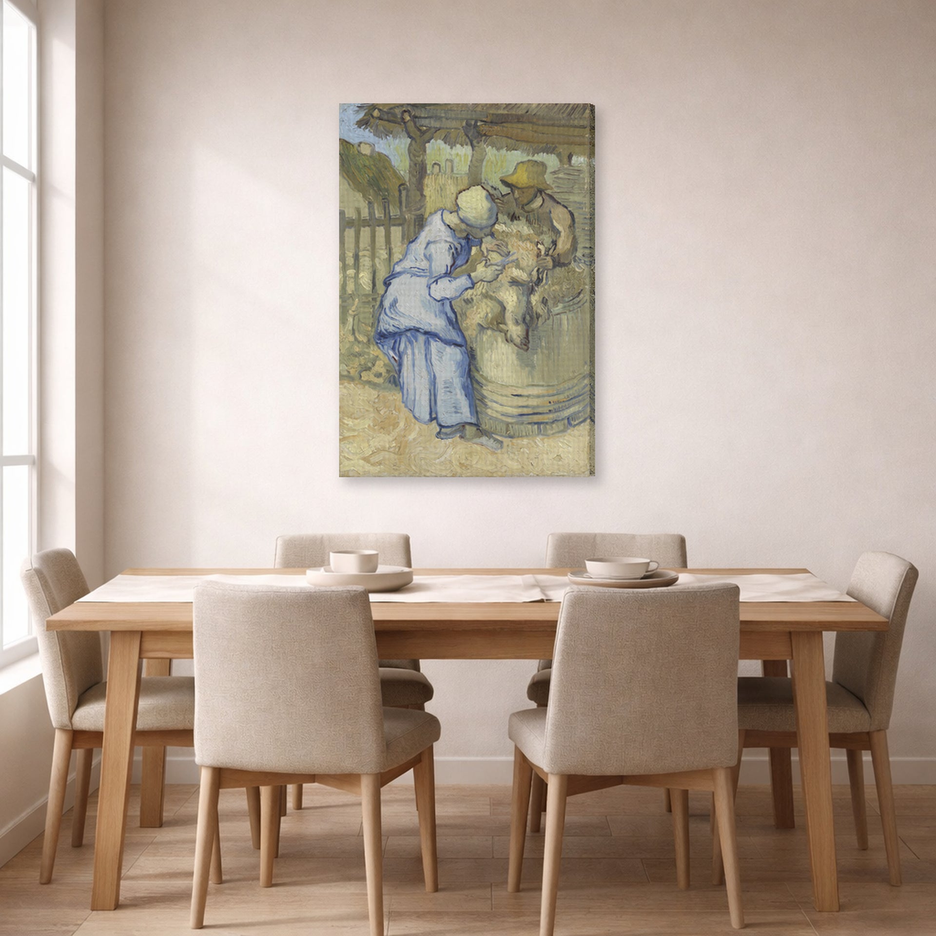 Gallery-wrapped canvas print of Vincent van Gogh's The Sheep Shearers displayed on a wall in a dining room