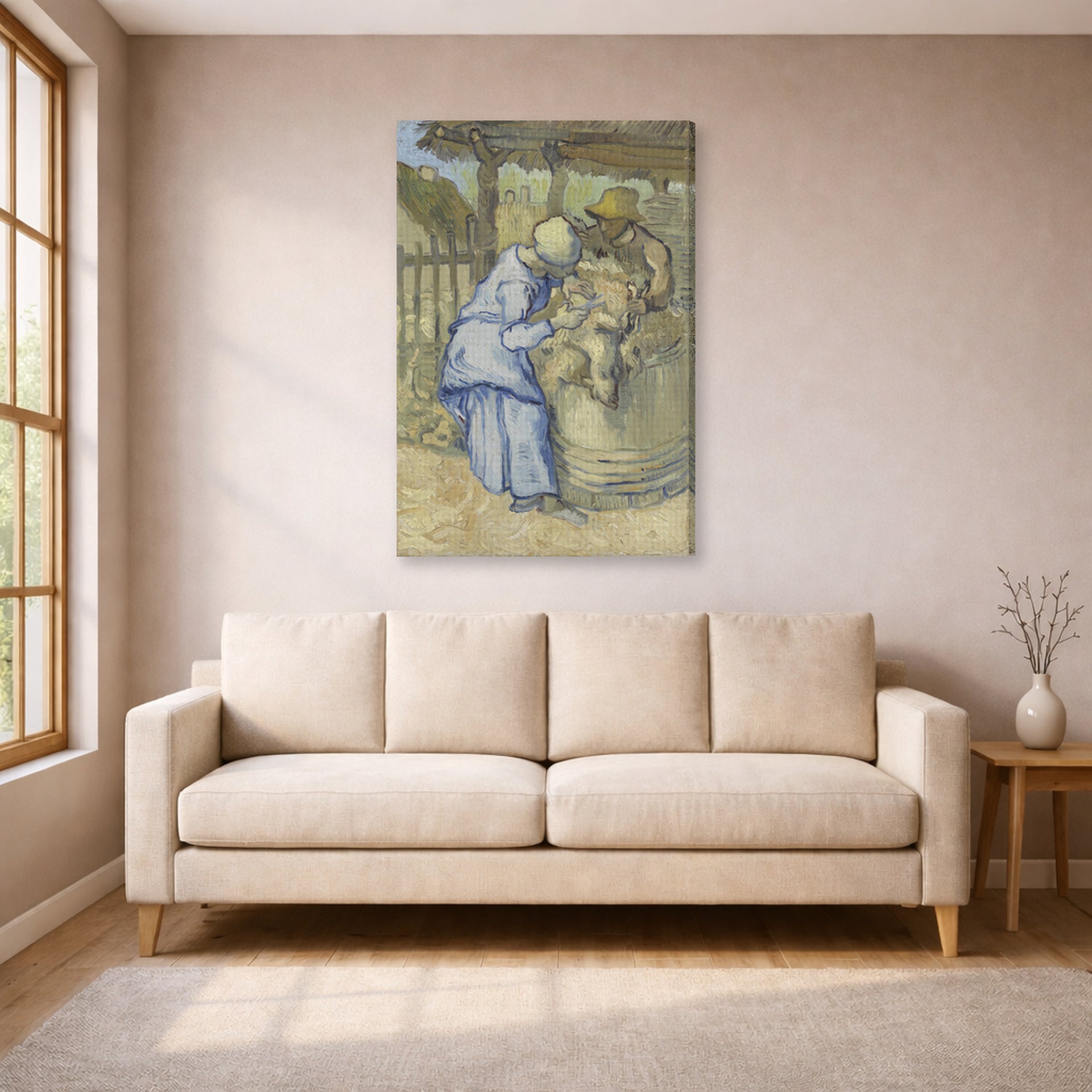 Gallery-wrapped canvas print of Vincent van Gogh's The Sheep Shearers displayed on a wall in a living room
