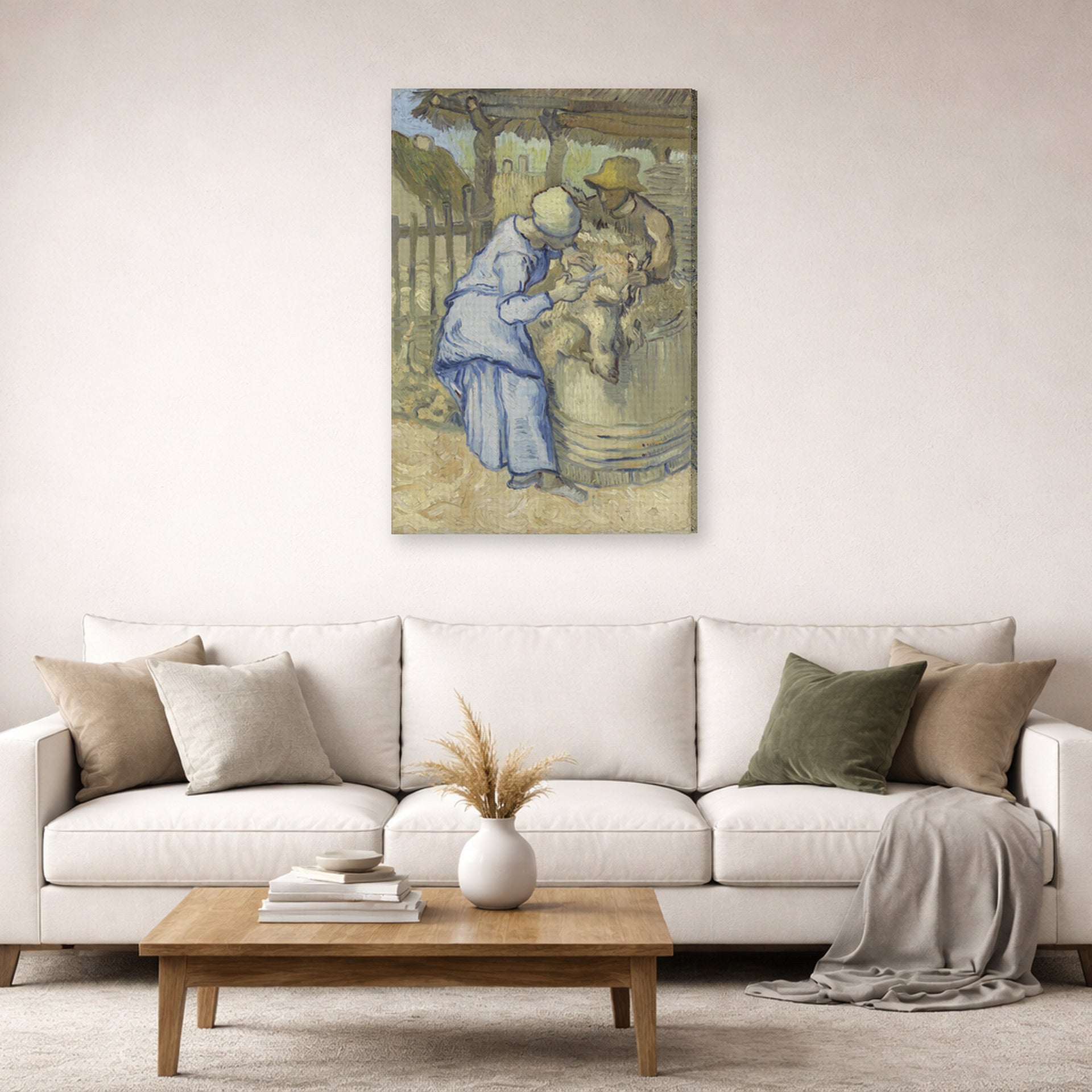 Gallery-wrapped canvas print of Vincent van Gogh's The Sheep Shearers displayed on a wall in a living room