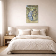 Unframed poster print of Vincent van Gogh's The Sheep Shearers displayed on a wall in a bedroom