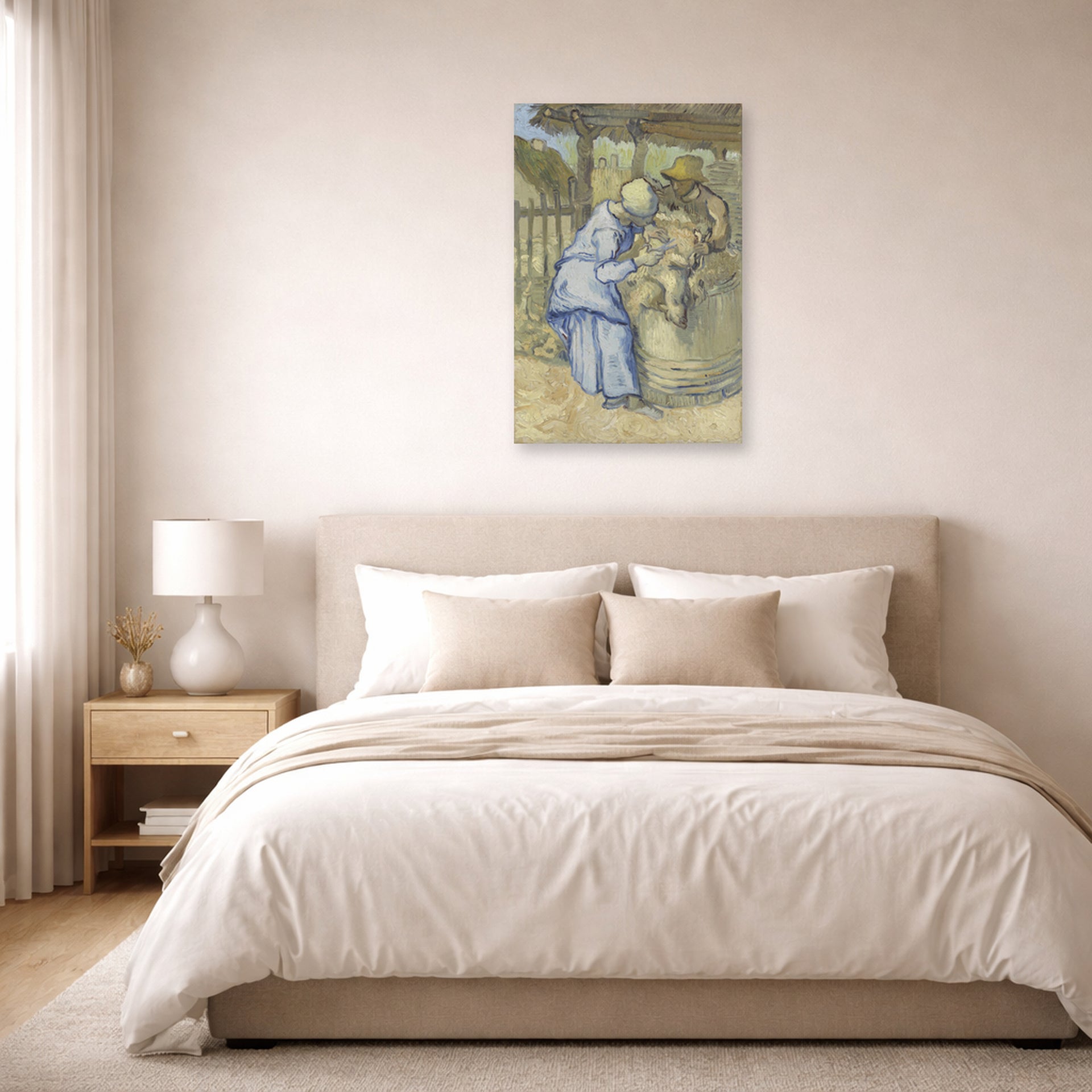 Unframed poster print of Vincent van Gogh's The Sheep Shearers displayed on a wall in a bedroom