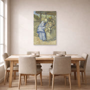 Unframed poster print of Vincent van Gogh's The Sheep Shearers displayed on a wall in a dining room