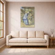 Unframed poster print of Vincent van Gogh's The Sheep Shearers displayed on a wall in a living room