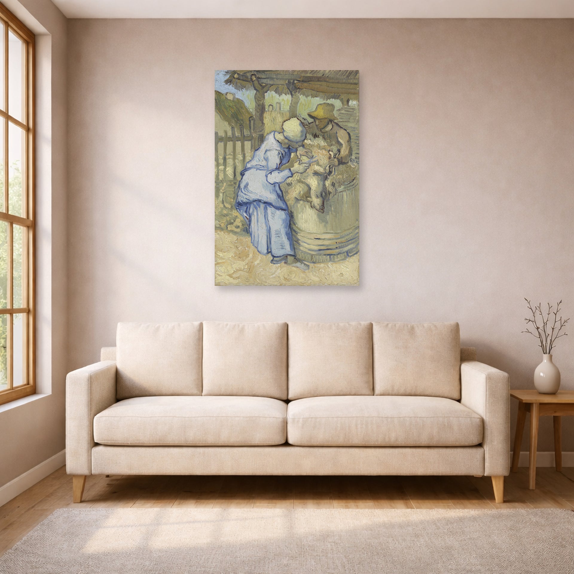 Unframed poster print of Vincent van Gogh's The Sheep Shearers displayed on a wall in a living room