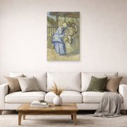 Unframed poster print of Vincent van Gogh's The Sheep Shearers displayed on a wall in a living room