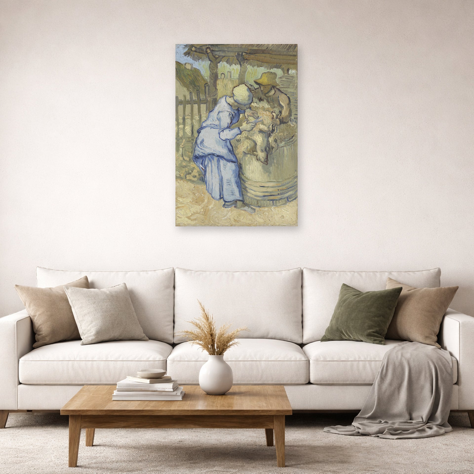 Unframed poster print of Vincent van Gogh's The Sheep Shearers displayed on a wall in a living room