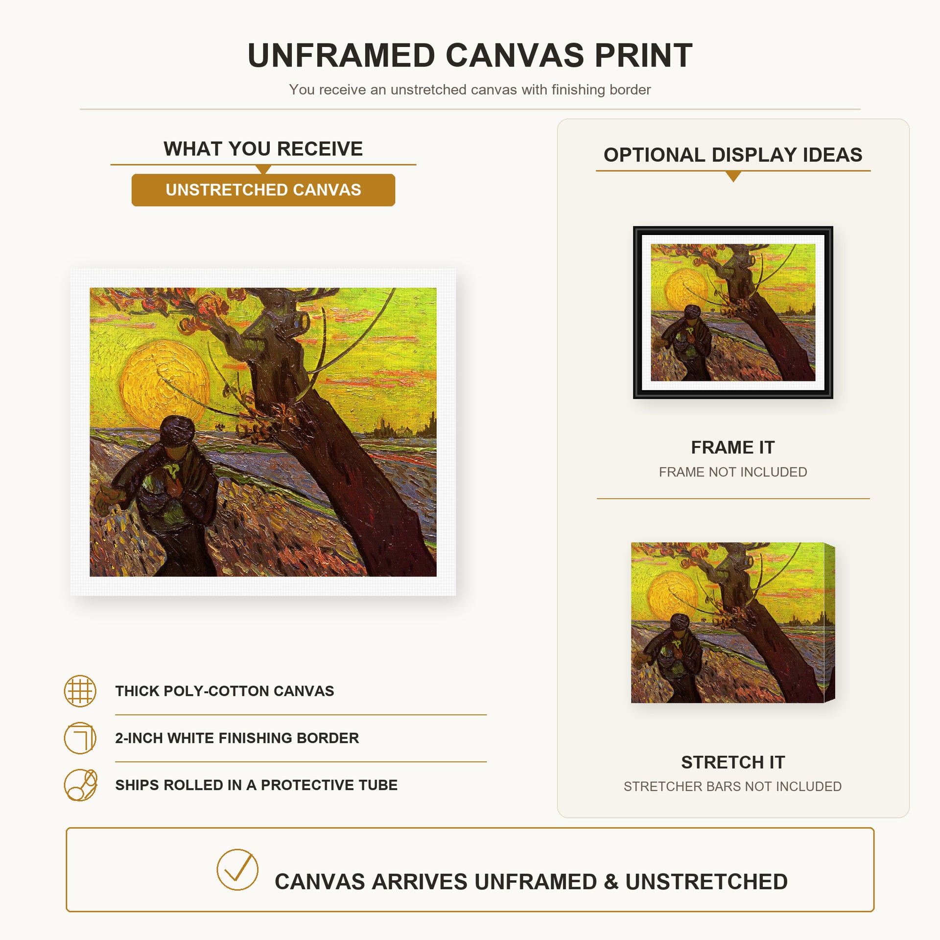 Vincent van Gogh - The Sower canvas print size comparison and framing display infographic