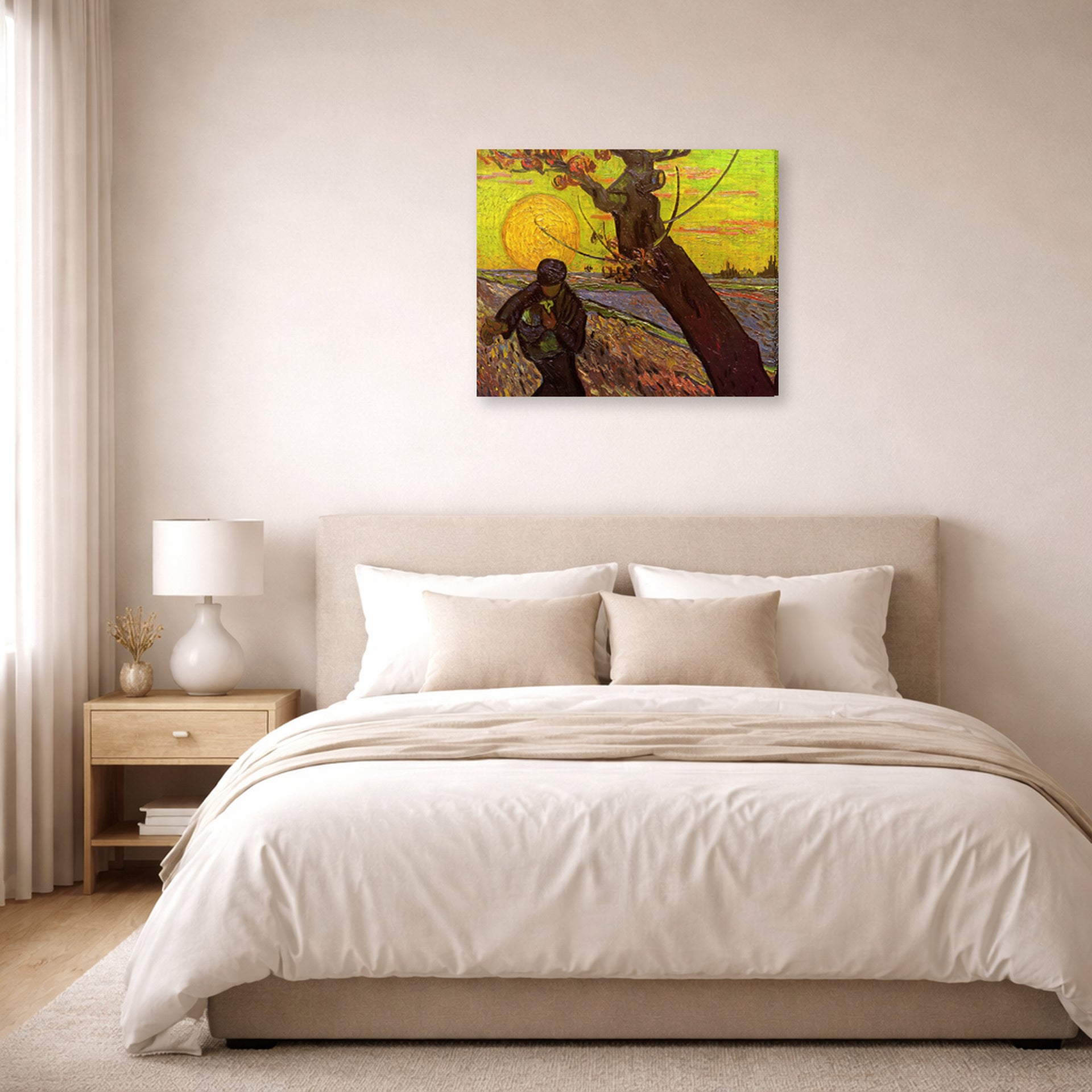 Gallery-wrapped canvas print of Vincent van Gogh's The Sower displayed on a wall in a bedroom