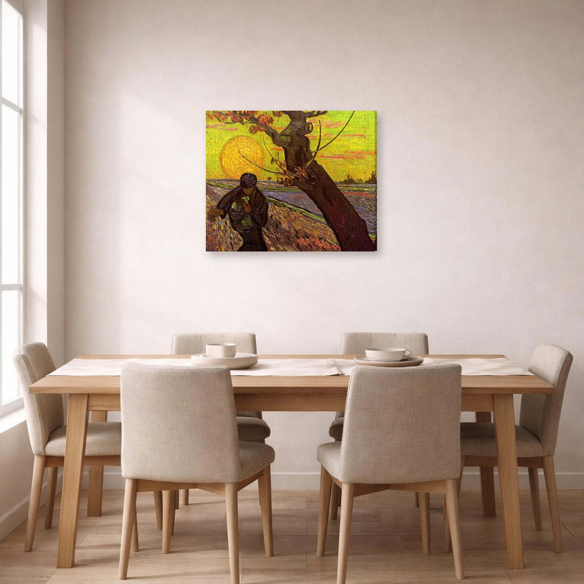 Gallery-wrapped canvas print of Vincent van Gogh's The Sower displayed on a wall in a dining room