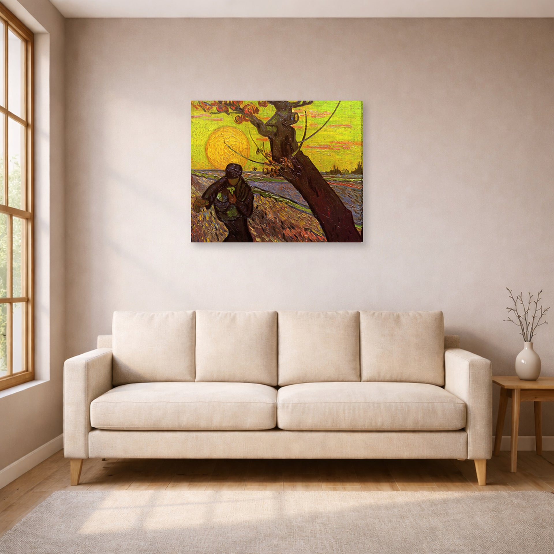 Gallery-wrapped canvas print of Vincent van Gogh's The Sower displayed on a wall in a living room