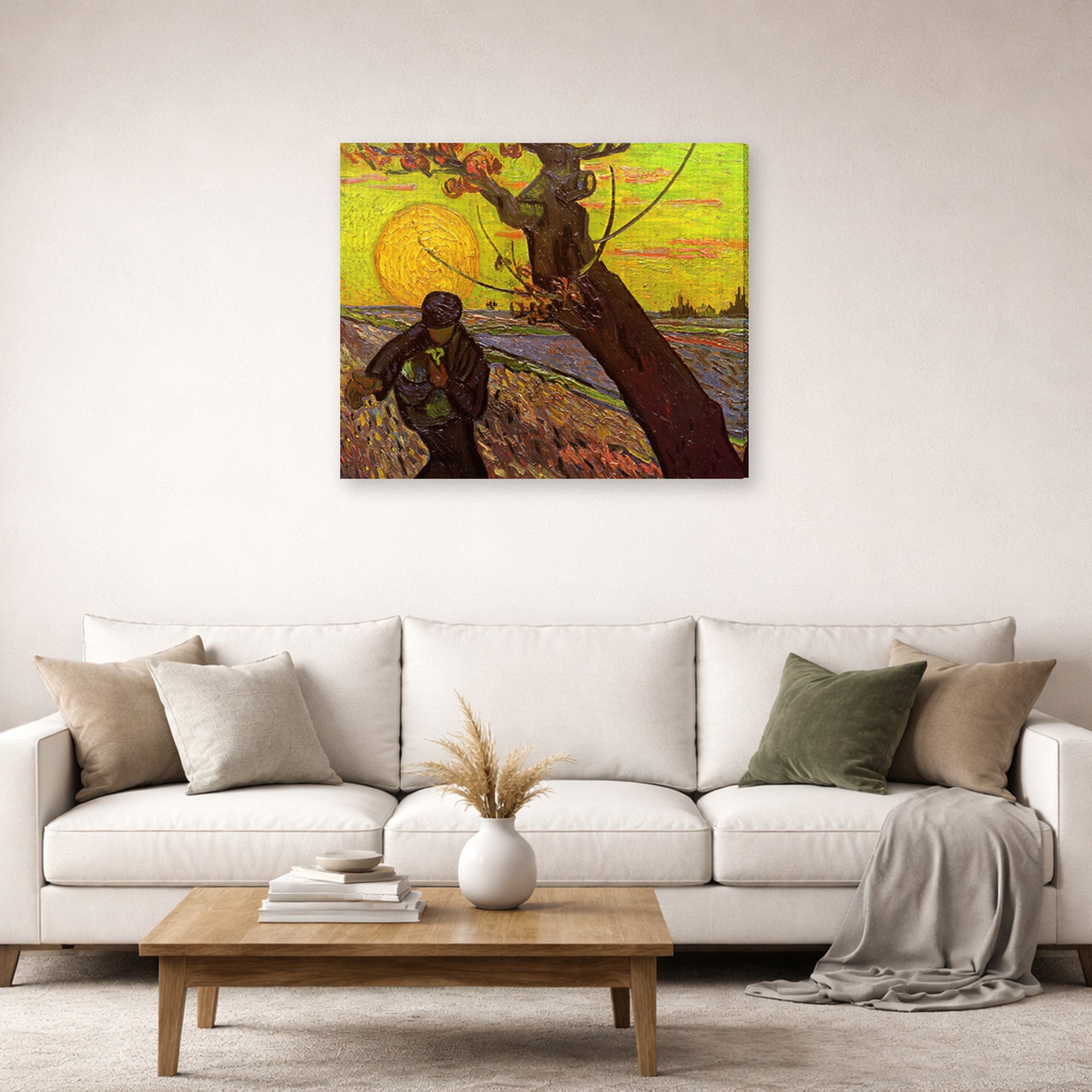 Gallery-wrapped canvas print of Vincent van Gogh's The Sower displayed on a wall in a living room