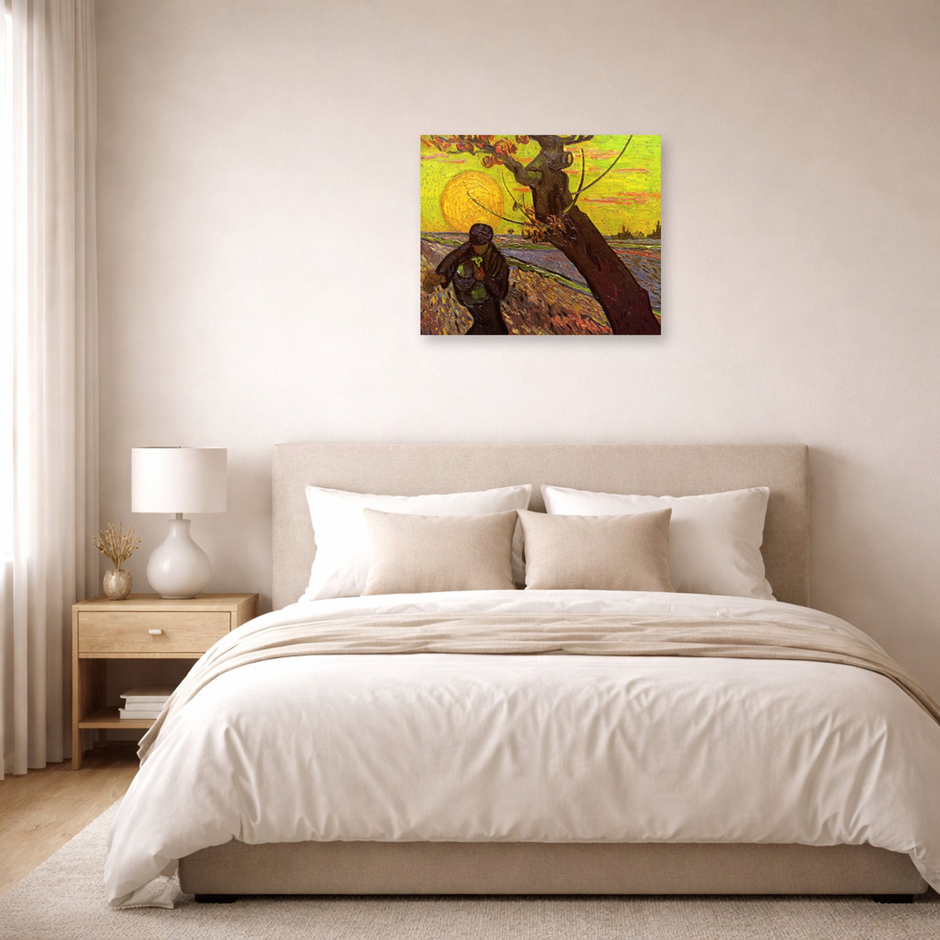 Unframed poster print of Vincent van Gogh's The Sower displayed on a wall in a bedroom