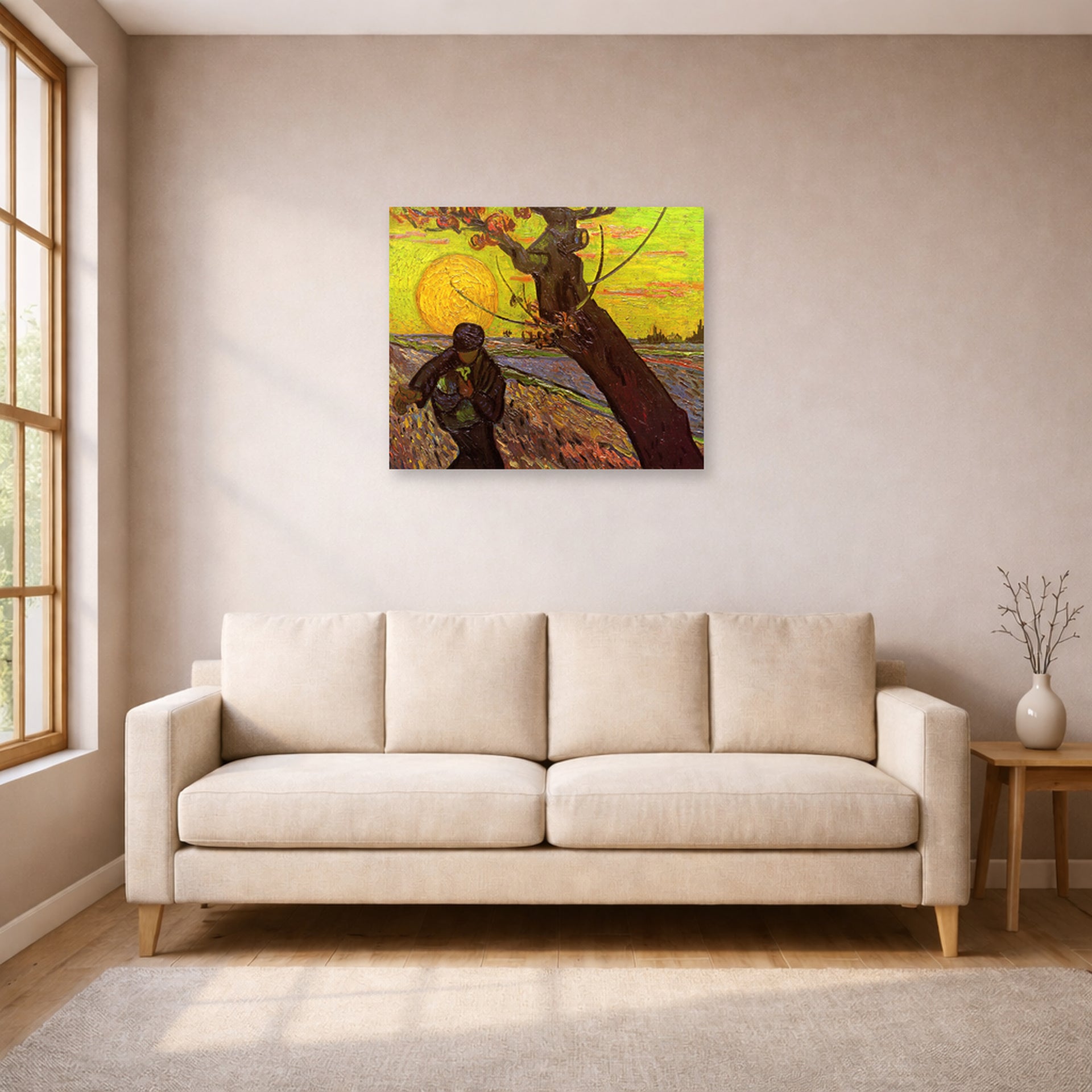 Unframed poster print of Vincent van Gogh's The Sower displayed on a wall in a living room