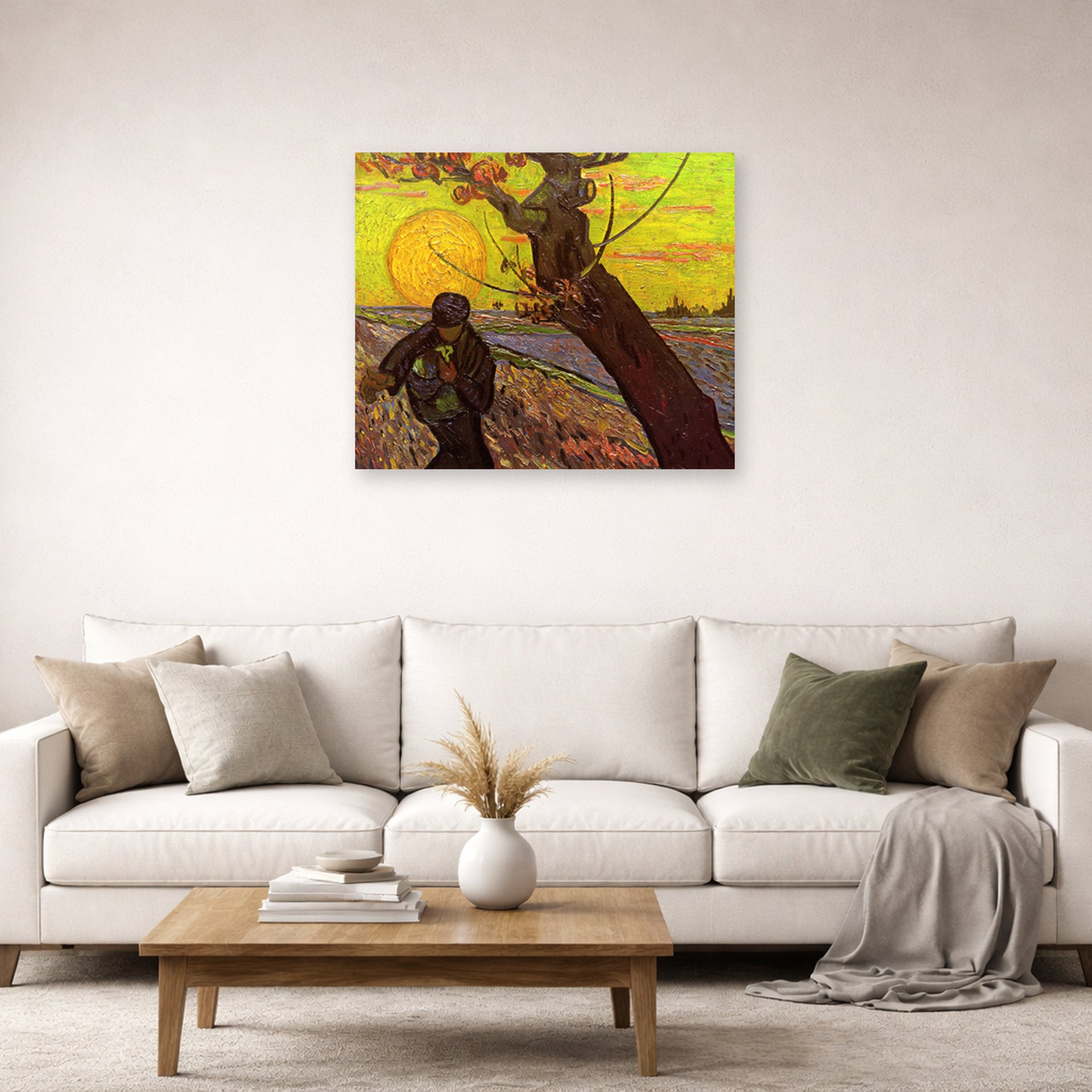 Unframed poster print of Vincent van Gogh's The Sower displayed on a wall in a living room