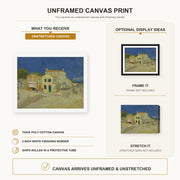 Vincent van Gogh - The Yellow House (the Street) canvas print size comparison and framing display infographic
