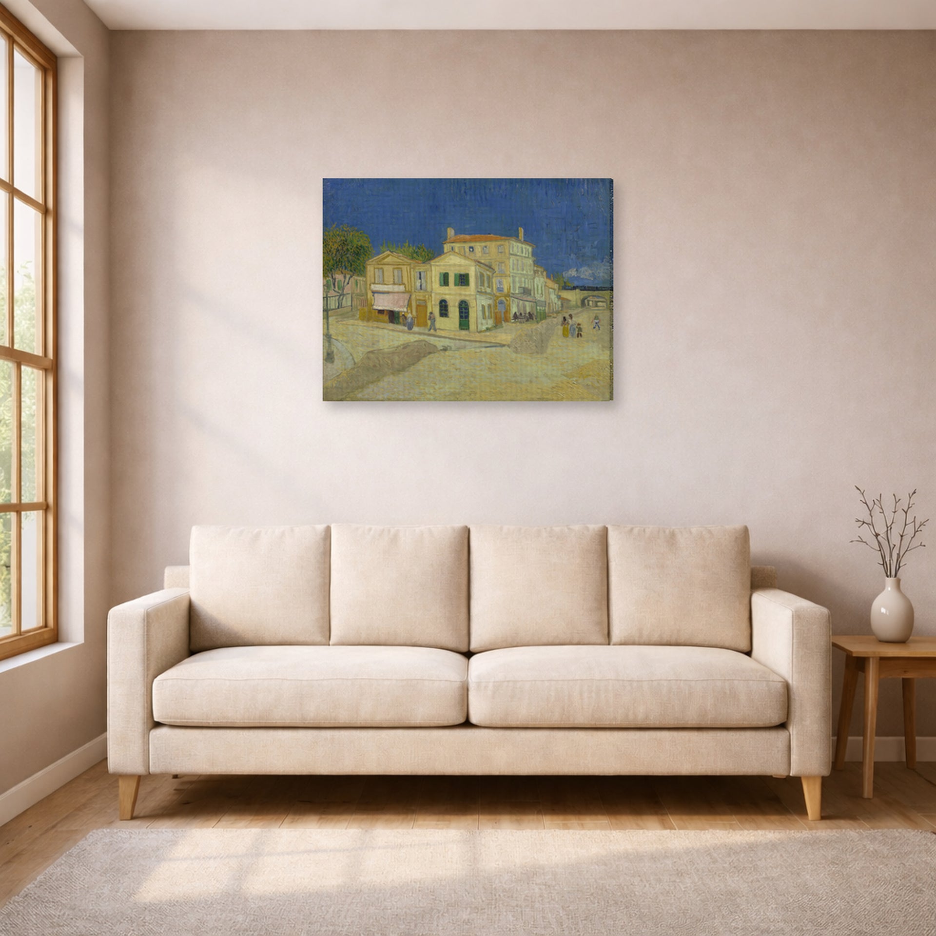 Gallery-wrapped canvas print of Vincent van Gogh's The Yellow House (the Street) displayed on a wall in a living room