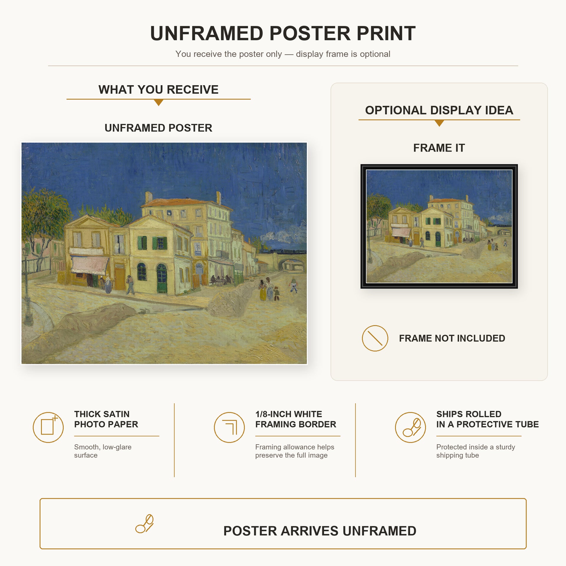 Vincent van Gogh - The Yellow House (the Street) poster print size comparison and framing display infographic