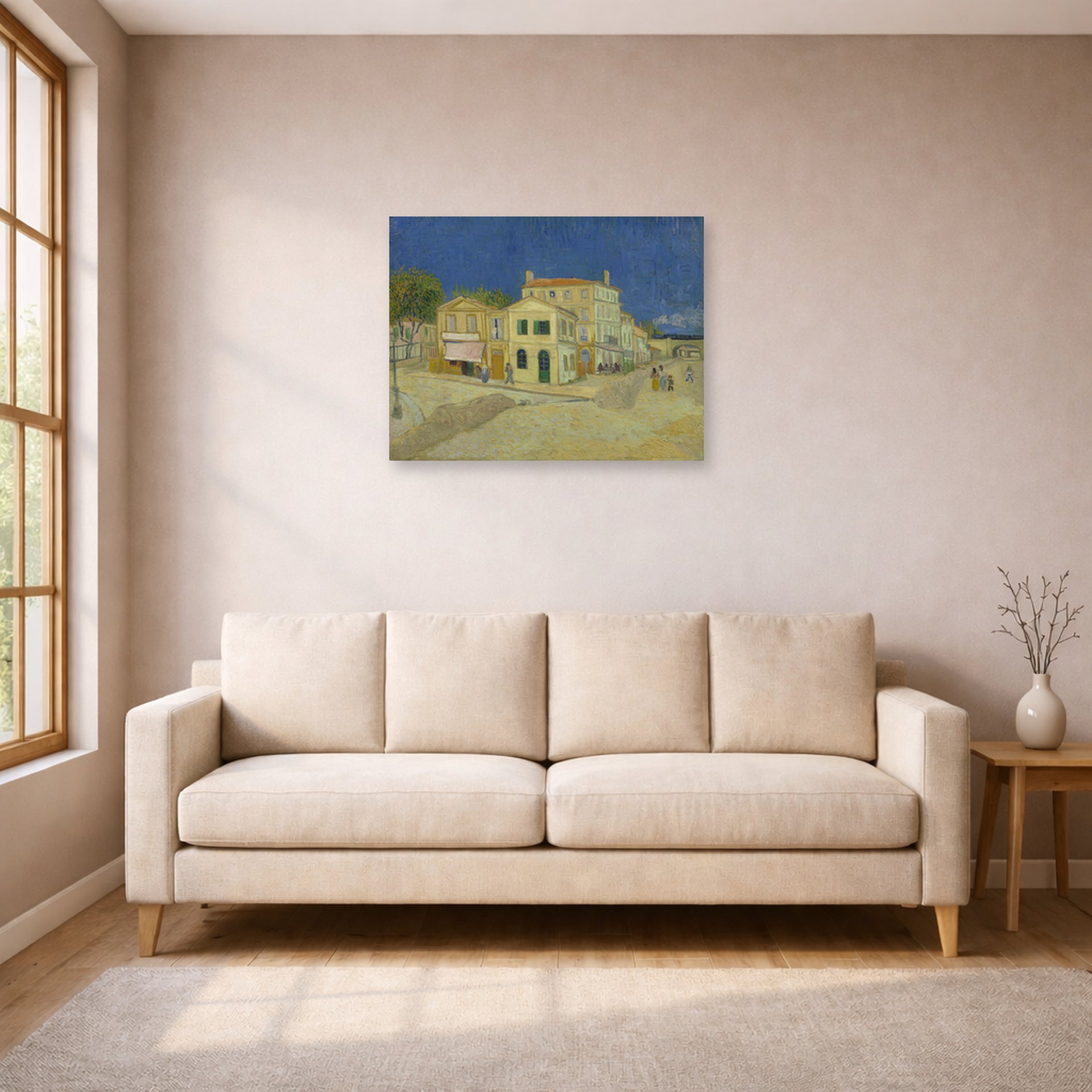 Unframed poster print of Vincent van Gogh's The Yellow House (the Street) displayed on a wall in a living room