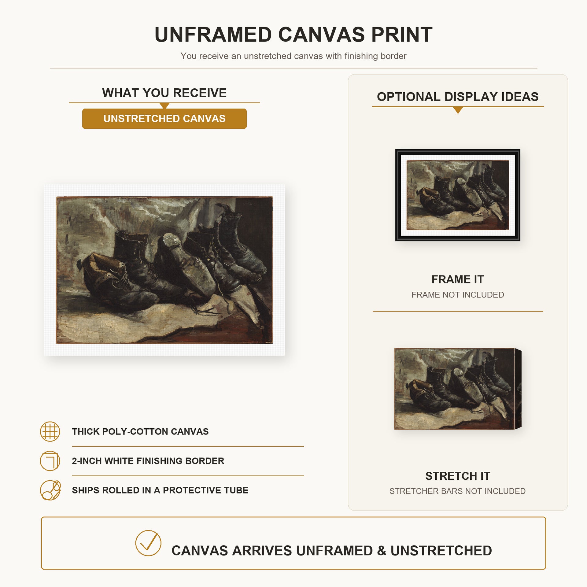 Vincent van Gogh - Three Pairs of Shoes canvas print size comparison and framing display infographic