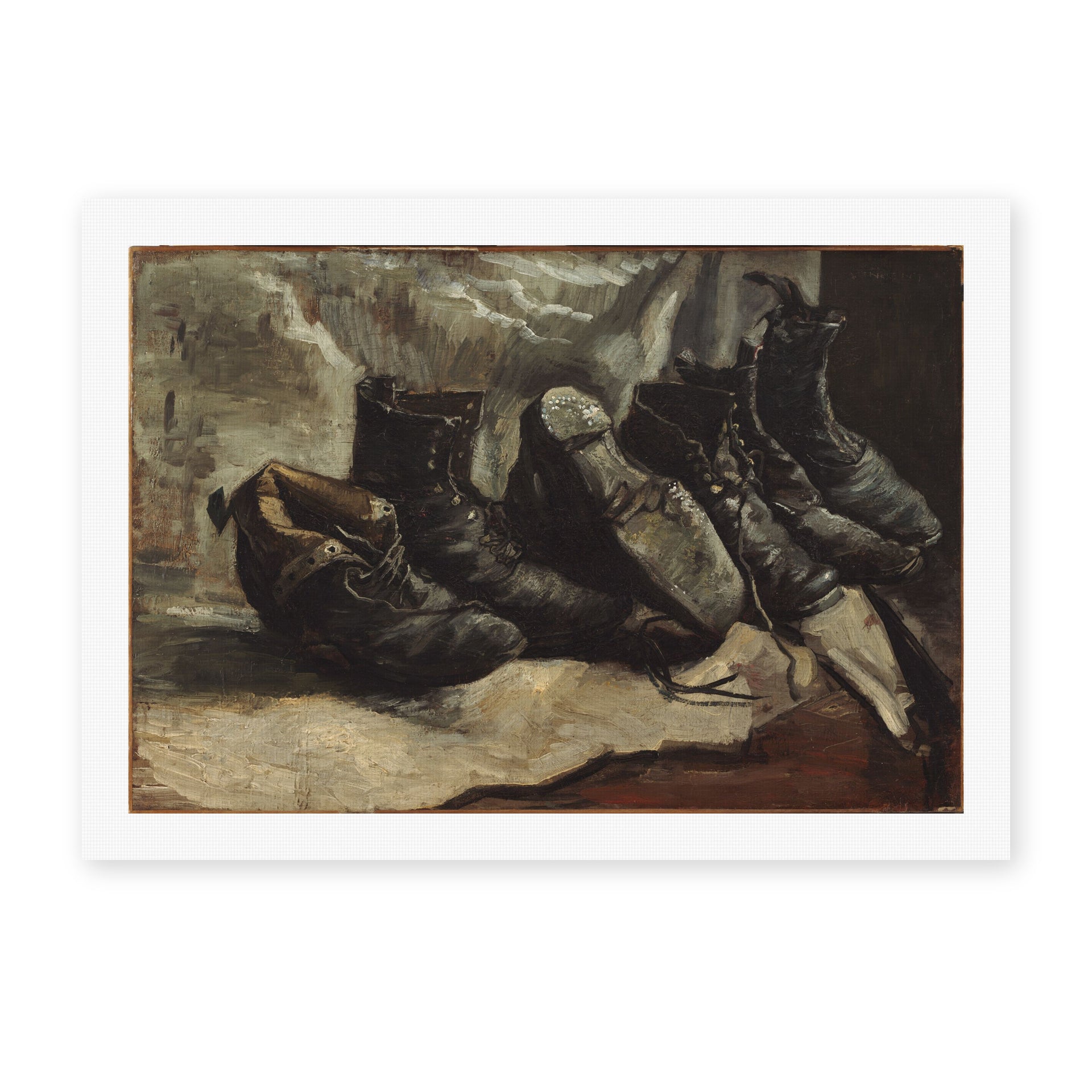 Vincent van Gogh's 'Three Pairs of Shoes' painting reproduced as a rolled canvas print