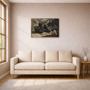 Gallery-wrapped canvas print of Vincent van Gogh's Three Pairs of Shoes displayed on a wall in a living room